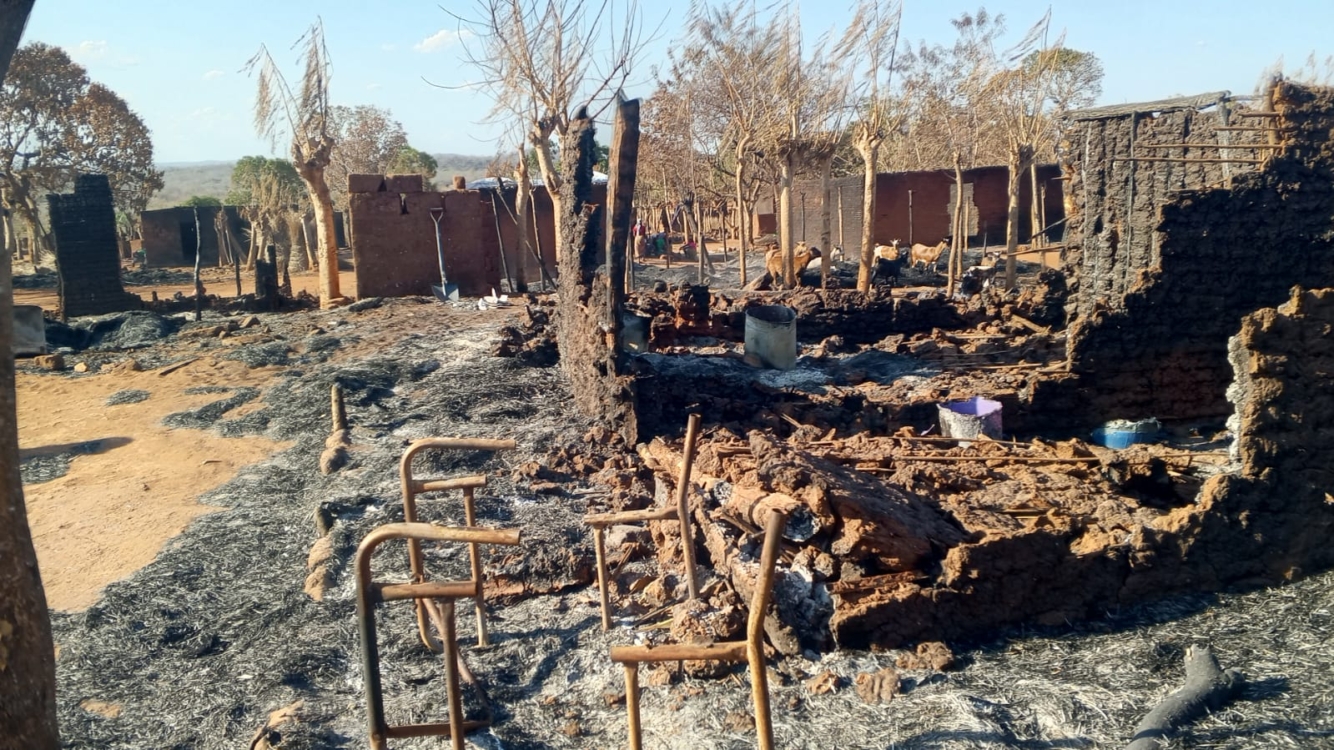 Burnt down houses in Napala Village in Mozambique