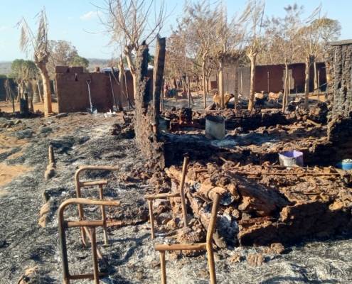 Burnt down houses in Napala Village in Mozambique